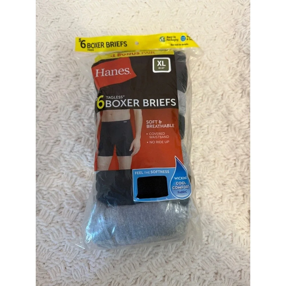 Hanes Mens Tagless Boxer Briefs 5+1 Bonus Pack XL Black Grey